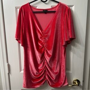 Torrid Blouse Red Pink Velvet Texture Ruched Front Flowy Sleeves V-Neck 1X